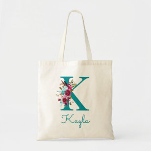 Blommig Bokstav K Script Monogram Teal Rosa Tygkasse