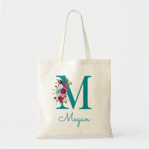 Blommig Bokstav M Script Monogram Teal Rosa Tygkasse