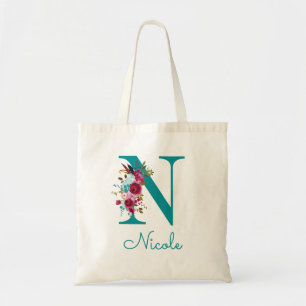 Blommig Bokstav N Script Monogram Teal Rosa Tygkasse