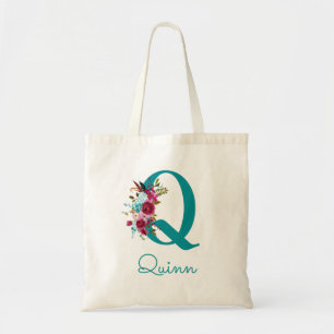 Blommig Bokstav Q Script Monogram Teal Rosa Tygkasse