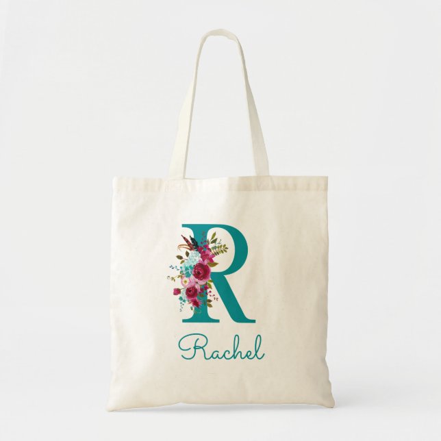 Blommig Bokstav R Script Monogram Teal Rosa Tygkasse (Framsidan)