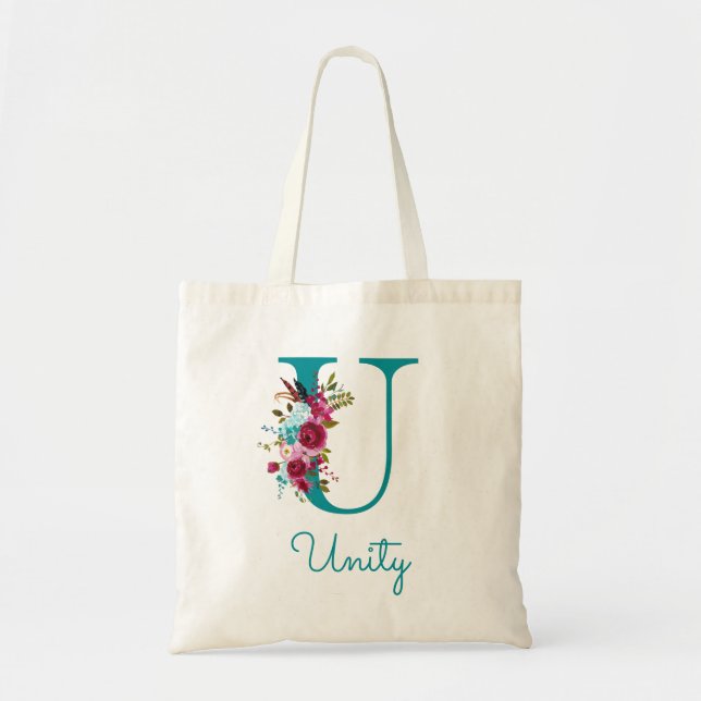 Blommig Bokstav U Script Monogram Teal Rosa Tygkasse (Framsidan)
