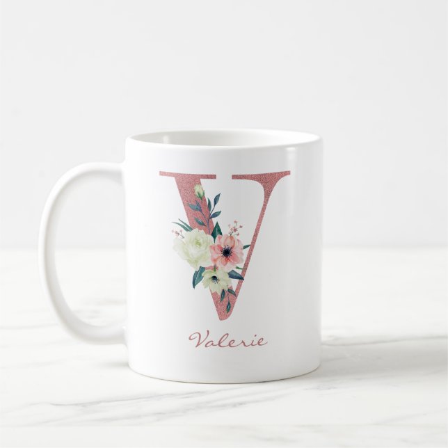 Blommig bokstav V initial - Rosa och elfenbensfärg Kaffemugg (Vänster)