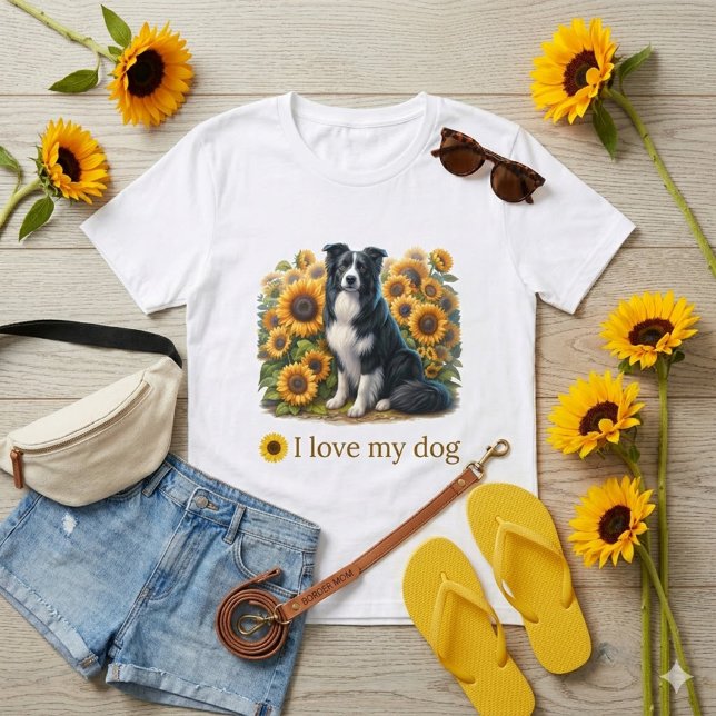 Blommig Border Collie Hundmamma  T Shirt (Skapare uppladdad)