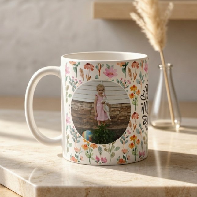 Blommig botanisk 2-foto collage Mamma & Mormor  Kaffemugg (Floral Botanical 2-Photo Collage Mom & Grandma Memories Keepsake Mug
)