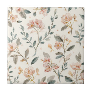 Blommig botanisk akvarellblad Beige Målad Kakelplatta