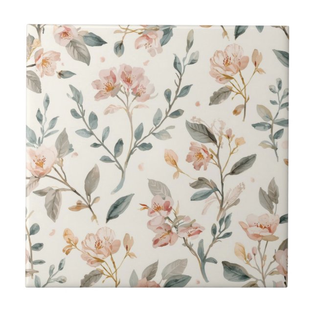 Blommig botanisk akvarellblad Beige Målad Kakelplatta (Framsidan)