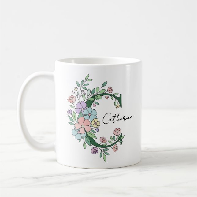 Blommig botanisk monogram | Anpassad text Elegant  Kaffemugg (Vänster)