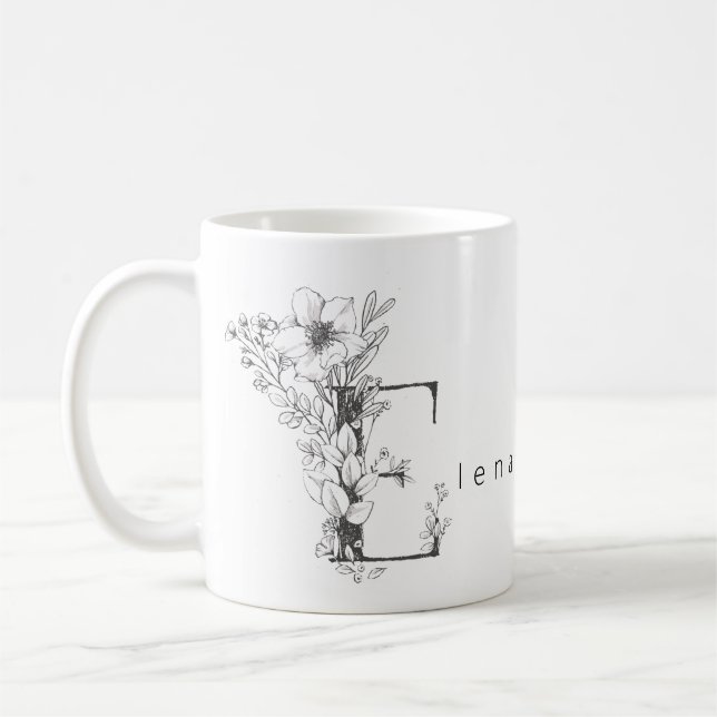 Blommig botanisk monogram "E" Anpassad text Elegan Kaffemugg (Vänster)