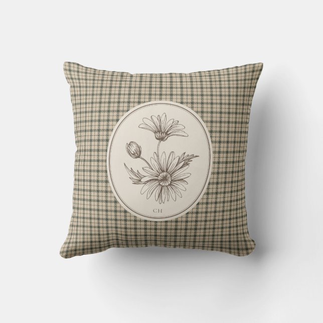 Blommig botanisk rutig vintage monogram kudde (Baksida)