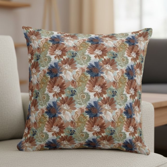 Blommig Botanisk Trädgård Jordnära Vildblomma Deko Kudde (Floral Throw Pillow - Earth Tones Boho Chic)