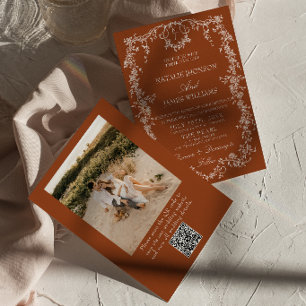 Blommig Bränd Orange Foto QR-kod Boho Bröllop Inbjudningar