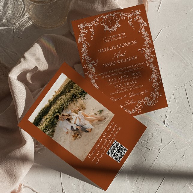 Blommig Bränd Orange Foto QR-kod Boho Bröllop Inbjudningar (Skapare uppladdad)