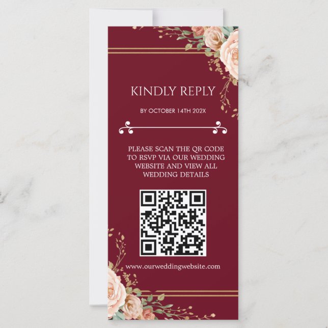 Blommig bröllops-RSVP-kort med QR-kod (Framsida)