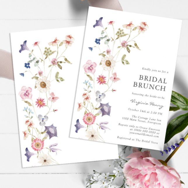 Blommig bröllopsbrunch-inbjudan inbjudningar (Wildflower Tea Party Bridal Shower Wedding Invitation by Painted Paperie)