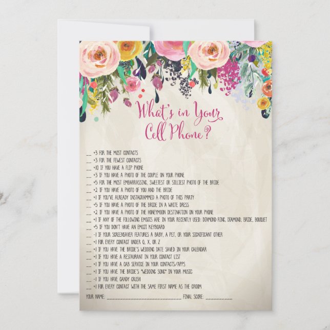 Blommig Bröllopsdusch Vad finns i din mobiltelefon (Framsida)