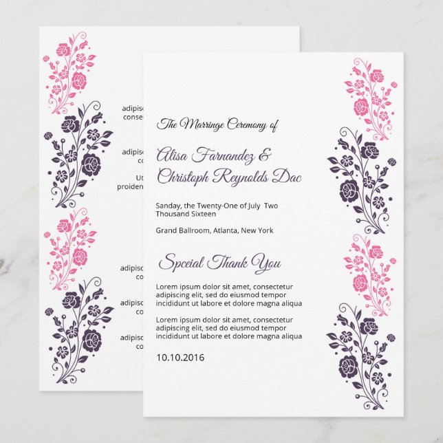 Blommig bröllopsfläktprogrammall inbjudningar (Fram/baksida)