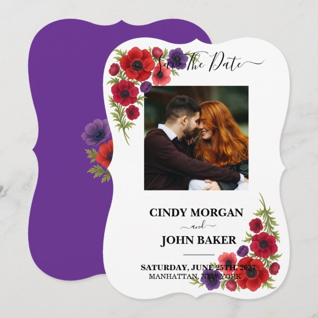Blommig Bröllopsinbjudan - Anemon Spara Datumet (Fram/baksida)