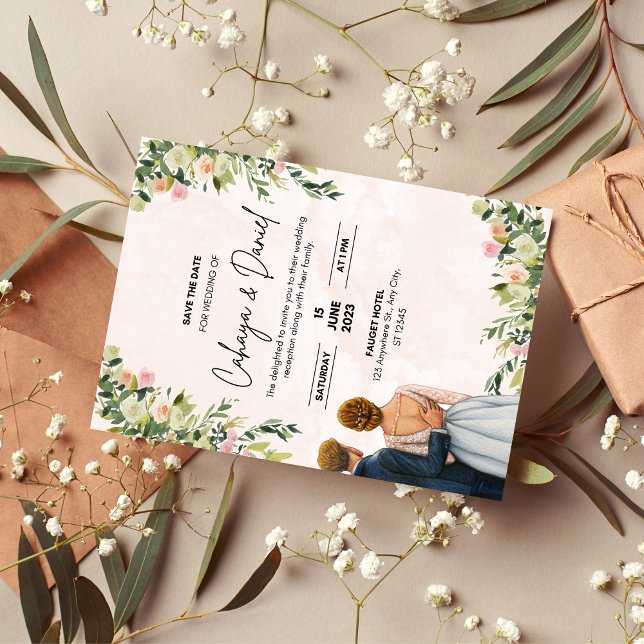 Blommig Bröllopsinbjudan | Elegant Akvarell Spara Datumet (simple wedding invitation, white and floral wedding card, zazzle wedding template, editable wedding )