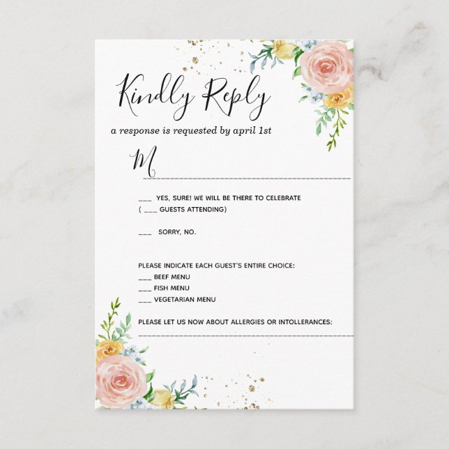 Blommig bröllopsinbjudan RSVP-kort guldskymning ro OSA Kort (Framsida)