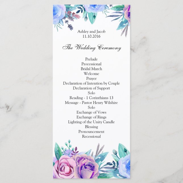 Blommig bröllopsprogram blå. Boho ceremonikort Program (Framsida)