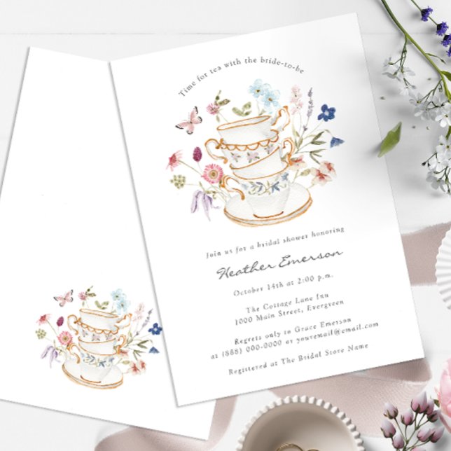 Blommig bröllopste-inbjudan inbjudningar (Wildflower Tea Party Bridal Shower Wedding Invitation with Butterfly by Painted Paperie)