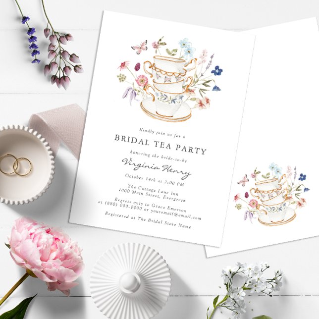 Blommig Bröllopste-partaj Inbjudningar (Wildflower Tea Party Bridal Shower Wedding Invitation with Butterfly by Painted Paperie)
