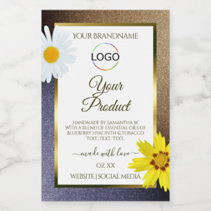 Blommig Brun Blå Glitter Vit Produktetikett Logoty Mat Etikett