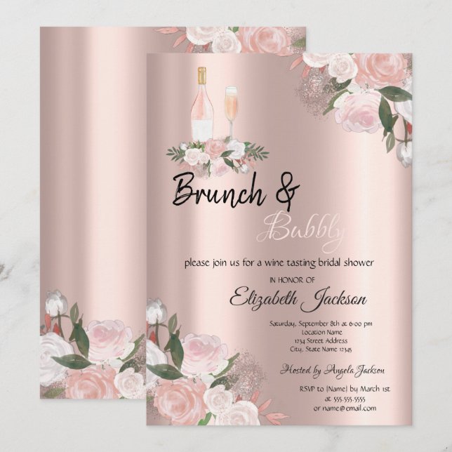 Blommig Brunch & Bubbly Bröllopsdusch Inbjudningar (Fram/baksida)