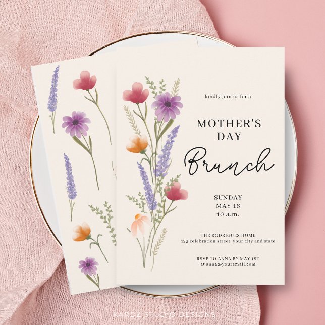 Blommig Brunch på Mors Dag i akvarell Inbjudningar (Front and back of the invitation is shown in 5x7-inch. Choose size, paper, and corner style.)