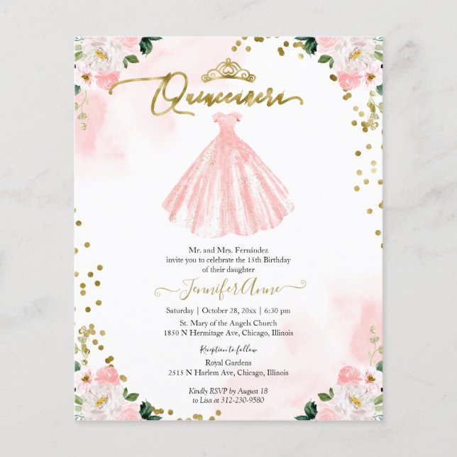 Blommig budget Quinceanera-inbjudan tvåspråkig (Framsida)