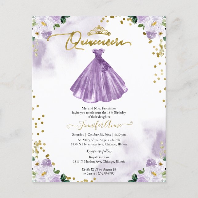 Blommig budget Quinceanera-inbjudan tvåspråkig (Framsida)
