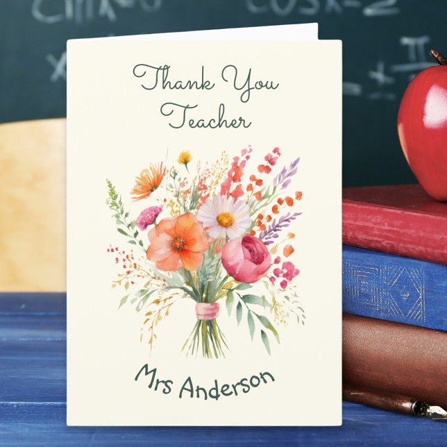 Blommig bukett blommor vacker personlig lärare tack kort (A personalized card with 'Thank You Teacher' words and picture of a hand-tied bouquet of flowers)