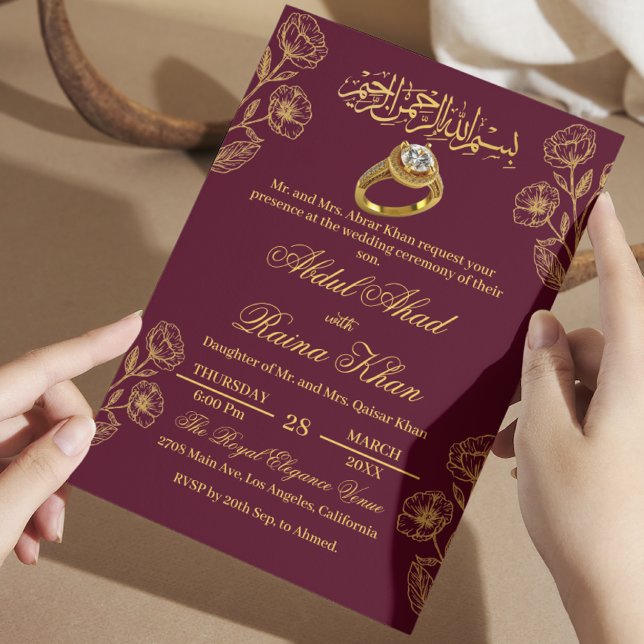 Blommig Burgunder Guld Muslimsk Islamisk Förlovnin Inbjudningar (Skapare uppladdad)