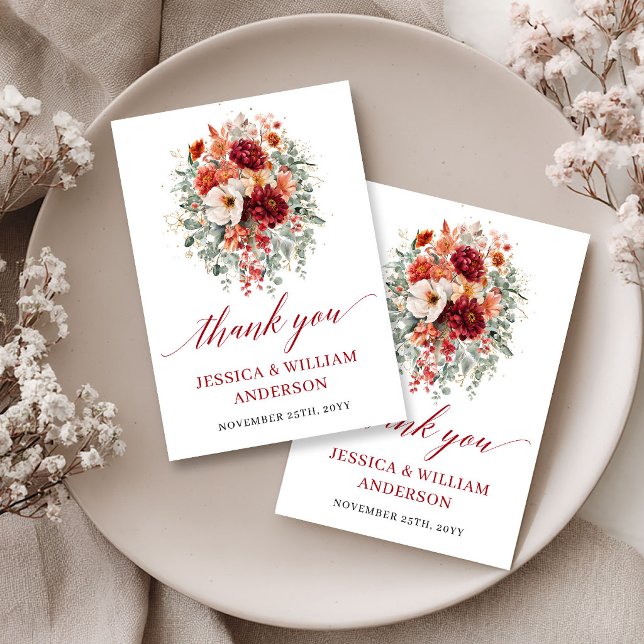 Blommig burgunderfärgad bröllops-tackkort för höst tack kort (Floral Burgundy Autumn Wedding Thank You Card Design

)