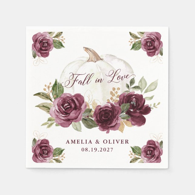 Blommig Burgunderfärgad Pumpa Förälskelse Bröllop Pappersservett (Framsidan)