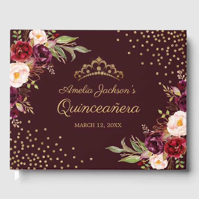 Blommig Burgundergnistrande Quinceanera-gästbok Gästböcker (Framsida)