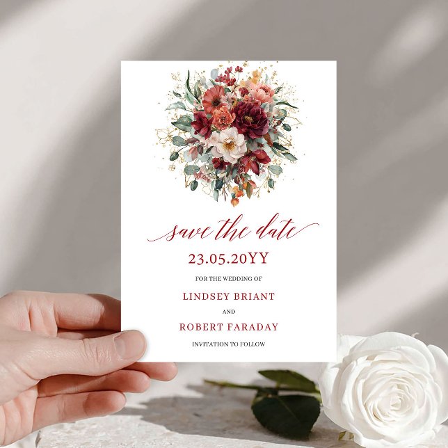 Blommig Burgundisk Höstguld Spara Datum-kort Datumet (Floral Burgundy Autumn Gold Save The Date Card

)