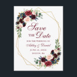 Blommig Burgundy Blå Guld Ram Spara Datum Meddelande Vykort<br><div class="desc">Modern Elegant,  Akvarell Burgundy Marsala Blå Blommig,  Guld Geometrisk Ram,  Spara Datum Förlovningskort</div>