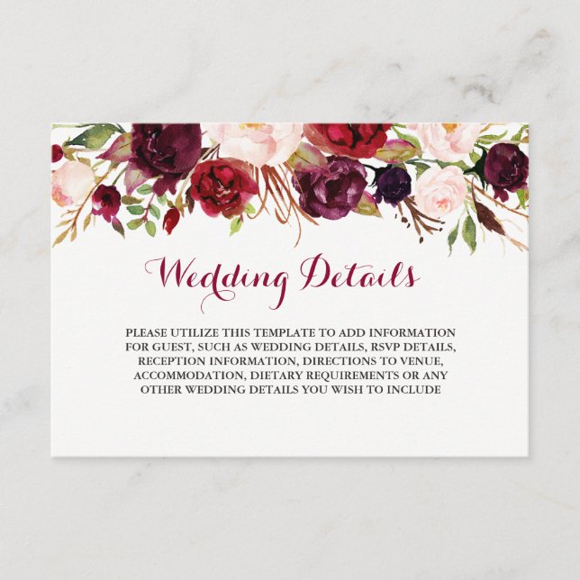 Blommig Burgundy Bröllopsmottagning Detaljer Tilläggskort (Framsida)