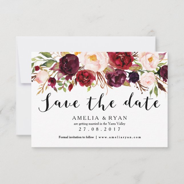 Blommig Burgundy Marsala Save the Date-kort Spara Datumet (Framsida)