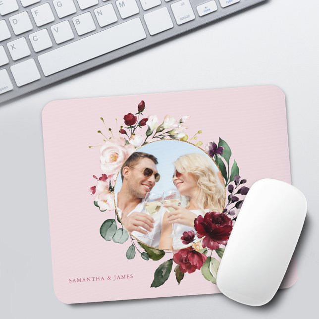 Blommig Burgundy Rosa Krans Foto Musmatta (Floral Burgundy Pink Wreath Photo Mouse Pad)