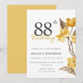 Blommig Chic Elegant Enkel Gul 88-årsdag Inbjudningar