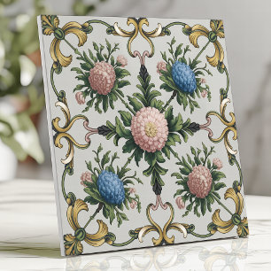 Blommig Chinoiserie Rosa och Blå Krysantemum Kakelplatta