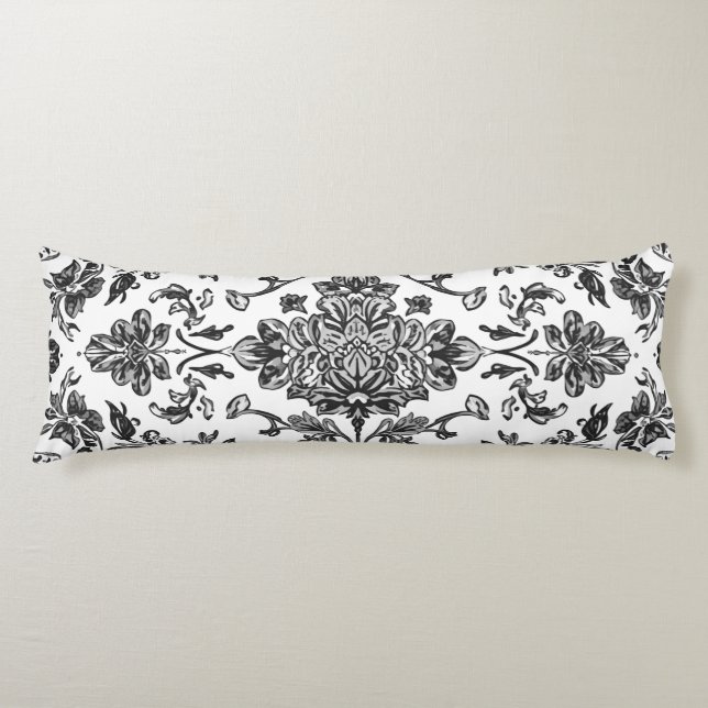 Blommig Chinoiserie Svart & Vitt Akvarell Kroppskudde (Framsidan)