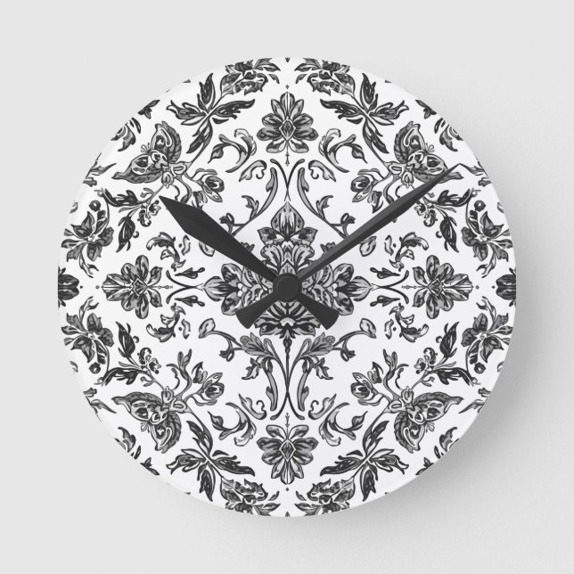 Blommig Chinoiserie Svart & Vitt Akvarell Rund Klocka (Framsida)