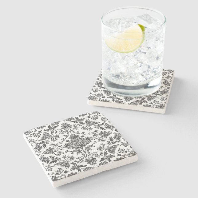 Blommig Chinoiserie Svart & Vitt Akvarell Stenunderlägg (Sidan)