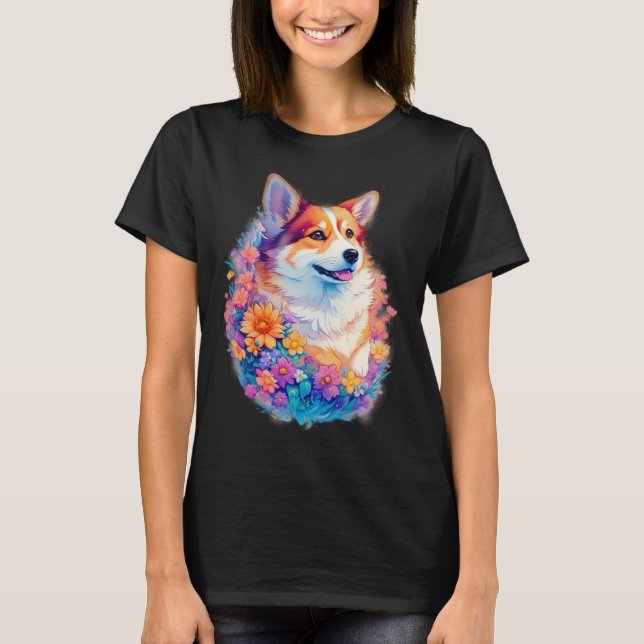 Blommig Corgi regnbåge Söt Hund Grafik T Shirt (Framsida)