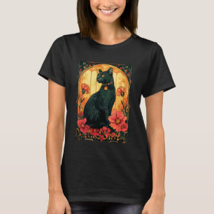 Blommig Cottagecore Svart Katt & Månane Magisk Kon T Shirt