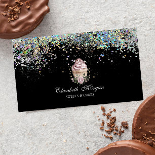 Blommig Cupcake Färgglad Konfetti, Svart Visitkort